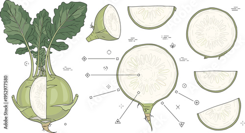Kohlrabi Vegetable Anatomy Illustration with Whole Plant, Leaves and Cross Section Slices for Food Education, Botanical Study, Organic Farming and Nutrition Design