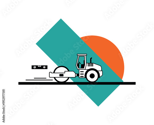 Black and white road roller compressing flat terrain, high contrast cut-out style, large abstract diagonal block in teal intersecting with a bold orange