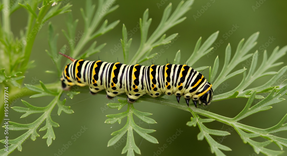 Naklejka premium Black and yellow caterpillar on a leafy green plant