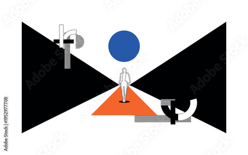 Black and white runway scene simplified into geometric perspective lines, central model in dramatic stride, large cobalt blue circle hovering above like a