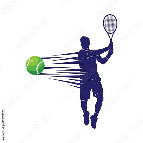 Dynamic silhouette of a tennis player in action with a tennis ball and racket.