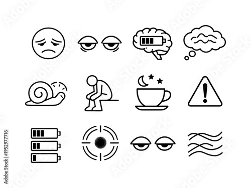 Mental Fatigue from Sleep Loss. Line icon set of Mental Fatigue from Sleep Loss: tired face icon, drooping eyes, low battery brain, foggy thought cloud, slow