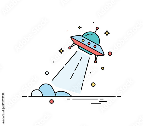 Alien spaceship arrival classic flying saucer emitting a soft beam of light toward a simple landscape line, symbolizing mystery and cosmic storytelling themes.