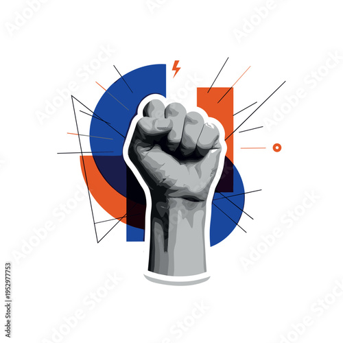 Black and white realistic raised fist as the main object, strong retro photographic texture emphasizing skin detail, white cut-out outline around the fist