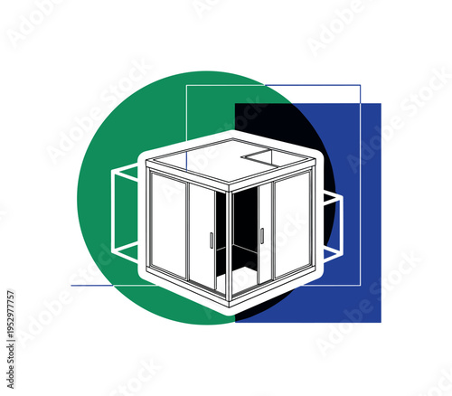 Monochrome compact apartment cube with sliding panels partially open, white outline creating sticker effect around the unit, large emerald green abstract