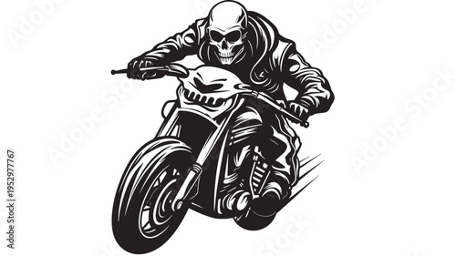 Skull biker riding a motorcycle at speed with dramatic black and white graphic style. featuring rider, death, danger with rebel and outlaw elements