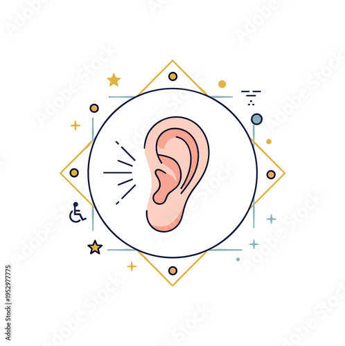 Hearing awareness badge centered on a stylized ear with subtle radiating lines representing sound perception and sensory focus. Clean geometric framing conveys