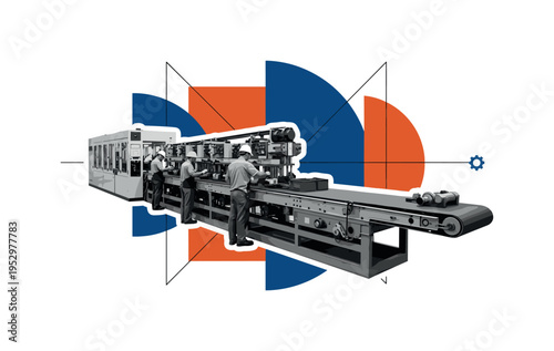 Black and white realistic factory assembly line with workers and conveyor belt as the main object, retro photographic texture emphasizing industrial detail,