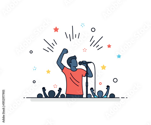 Live concert moment singer silhouette with raised microphone and subtle sound wave accents radiating outward, conveying energy, rhythm and audience engagement.