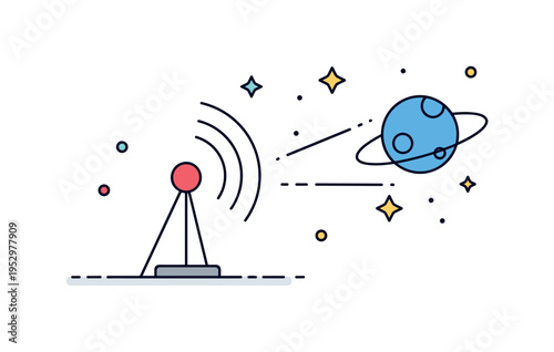 Alien life signal detection featuring a small radio antenna transmitting waves toward a distant planet with star accents, symbolizing the search for