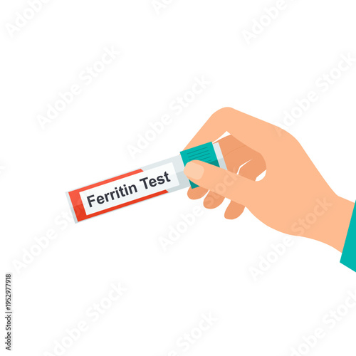 Hand holding tube for ferritin blood test. Iron deficiency diagnosis