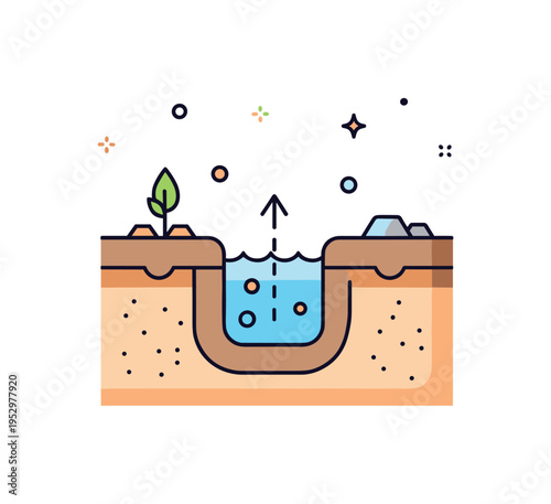 Underground aquifer spring concept centered on a simple ground cross section with water rising upward, expressing hidden natural processes and continuous