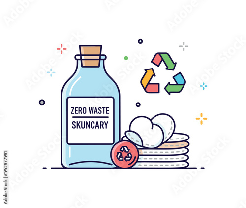 Zero waste skincare glass refill bottle and reusable cotton pads stacked neatly with a subtle recycle symbol accent, conveying conscious consumption and
