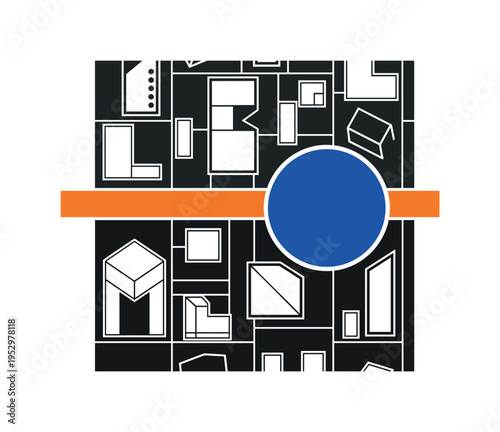 Black and white top-down map fragment of smart city grid, oversized cobalt blue circle emphasizing a central hub, orange horizontal bar intersecting mid-frame,
