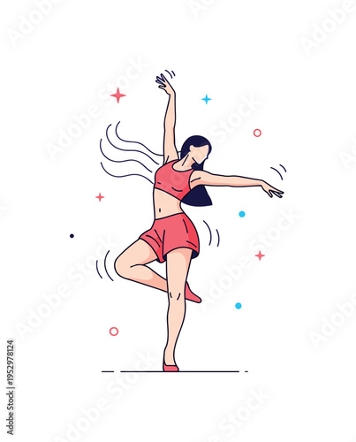 Contemporary dance expressive dancer in mid motion with flowing arm lines and subtle motion accents, conveying freedom, emotion, and fluid body movement.