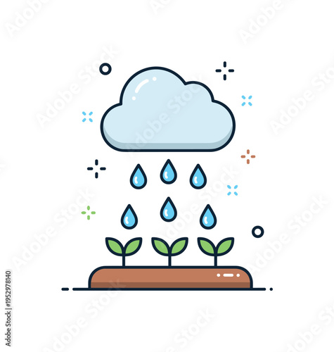 Rainwater irrigation concept with a simple cloud icon releasing droplets onto growing crops. The image reflects resource efficiency and environmentally