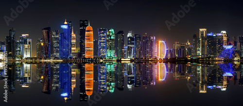 Night Panoramic View of Doha Skyline, Qatar