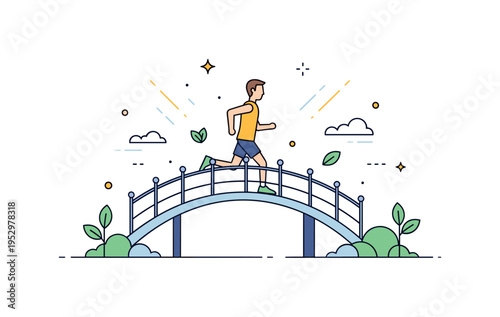 Morning bridge walk with a jogger crossing a lightweight footbridge representing healthy lifestyle and fresh starts. Gentle sun rays and small leaf accents