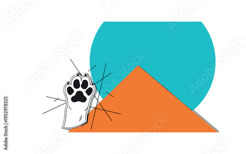 Black and white puppy paw reaching toward the viewer, oversized turquoise circle partially cropped by frame edge, orange diagonal block slicing across for