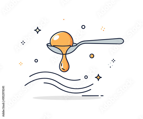 Spoon and honey drizzle concept illustrated by a spoon holding a smooth droplet shape with gentle curved flow lines below. The scene reflects sweetness,