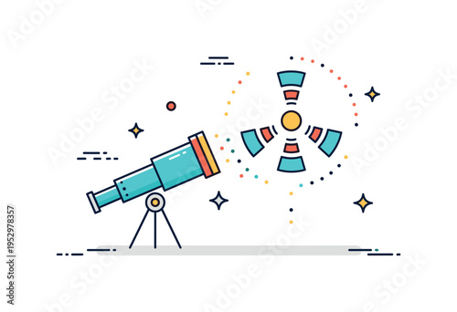 Astrophysics research scene featuring a simple telescope pointed toward a dotted radiation pattern symbolizing exploration of cosmic origins. Tiny star accents