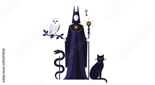 Mystical figure with animals and symbols on white background