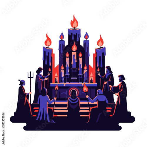 Figures gather around a large altar with many lit candles.