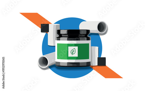 Black and white jar with bold rectangular green label featuring simple leaf icon, blue circular backdrop framing the jar and orange diagonal accent slicing