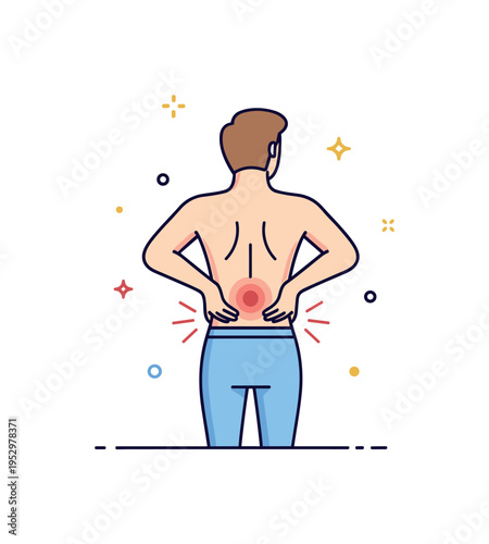 Aching back discomfort illustrated by a simplified standing figure holding the lower back area with subtle red accent lines highlighting pain, expressing