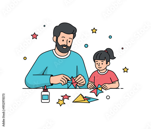 Family crafting activity featuring an adult and child figure assembling colorful paper stars with a small glue bottle nearby, expressing connection, guidance,