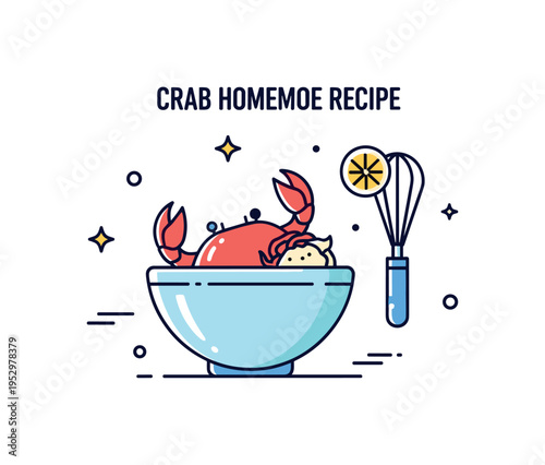 Crab dip homemade recipe theme featuring a simple mixing bowl with crab pieces and a small whisk icon beside it, hinting at preparation. A friendly and