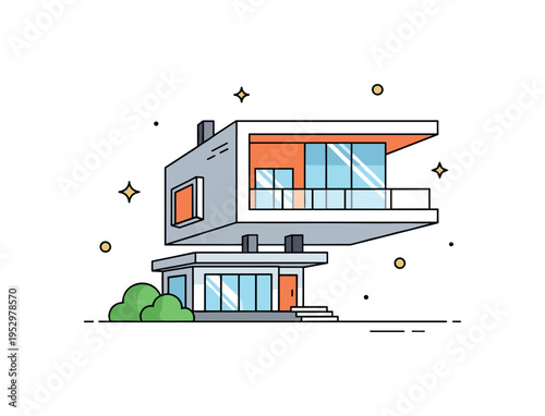 Cantilevered design modern house with a dramatic overhanging upper volume extending beyond a simple base structure, expressing architectural innovation and