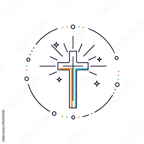 Catholic cross symbol centered with soft radiant lines and subtle star accents conveying faith, hope, and spiritual devotion in a calm balanced composition.