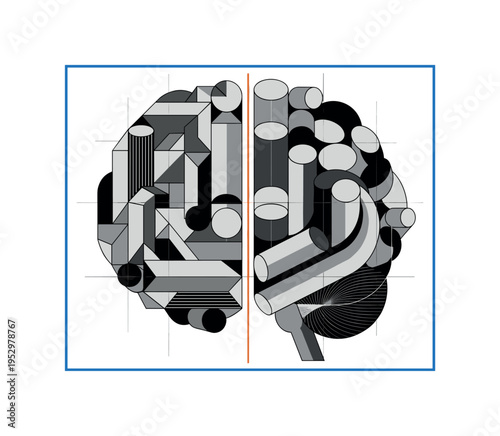 Black and white abstract brain constructed from geometric blocks and cylinders, bright blue square framing the composition, orange thin vertical line dividing