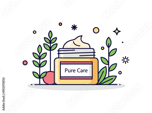 Organic beauty routine small jar of face cream surrounded by simple botanical elements and a subtle label Pure Care, conveying clean formulations and mindful