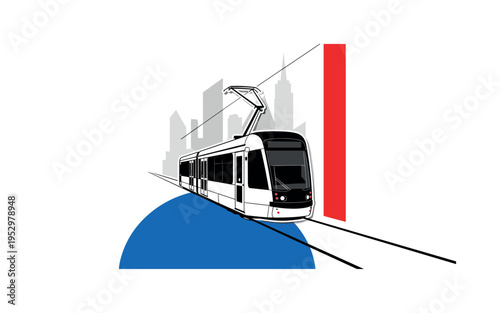 Black and white tram moving along minimal tracks, bold cobalt blue semicircle anchoring lower composition, vivid red vertical stripe emphasizing structure,