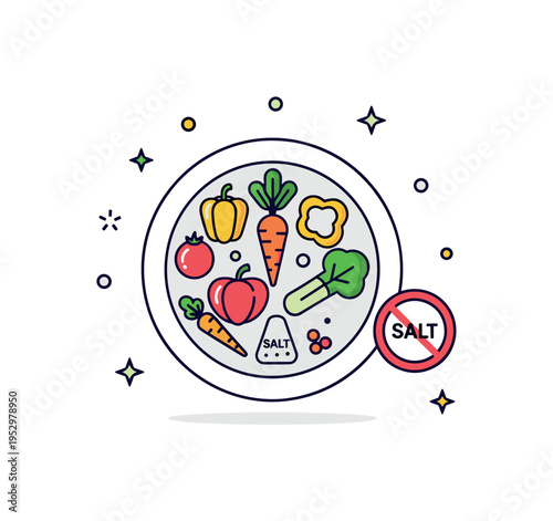 Healthy meal without excess salt illustrated through a simple plate filled with colorful vegetables and a small no salt badge, expressing freshness, natural