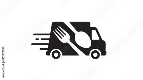 Food truck icon with fork and spoon symbolizing fast meal delivery service and mobile restaurant cuisine