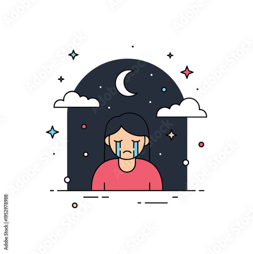 Person crying quietly beneath a dark sky with a single moon overhead symbolizing solitude and silent reflection. Gentle tear shapes and minimal star accents