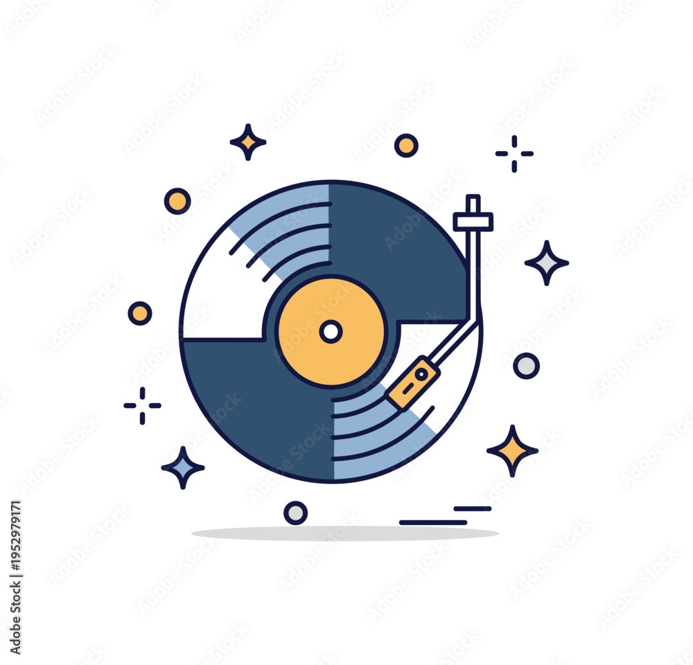 Fototapeta premium Vinyl record nostalgia featuring a classic record disc with a simple turntable arm and subtle sparkle accents, expressing timeless sound and retro vibes. The