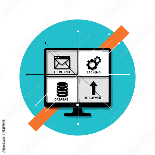 Black and white monitor screen divided into equal geometric sections each containing simplified symbolic icons for frontend, backend, database and deployment,