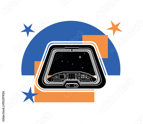 Black and white spaceship cockpit window framing distant stars, oversized electric blue semicircle behind the window shape, muted orange geometric rectangle