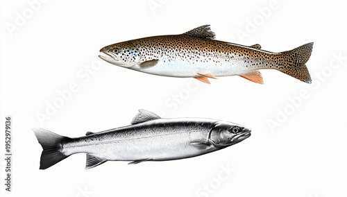Illustration of two fish species: a spotted trout and a silver salmon, showcasing their distinct features.