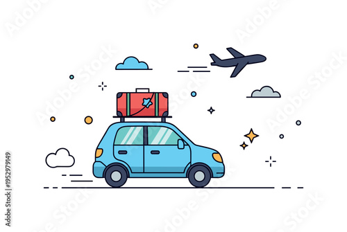 Riding to the airport with a compact car carrying a suitcase on the roof and a small airplane silhouette in the sky ahead. The scene captures anticipation,
