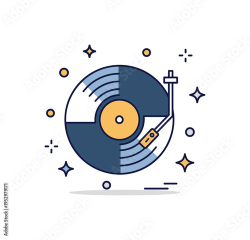 Vinyl record nostalgia featuring a classic record disc with a simple turntable arm and subtle sparkle accents, expressing timeless sound and retro vibes. The