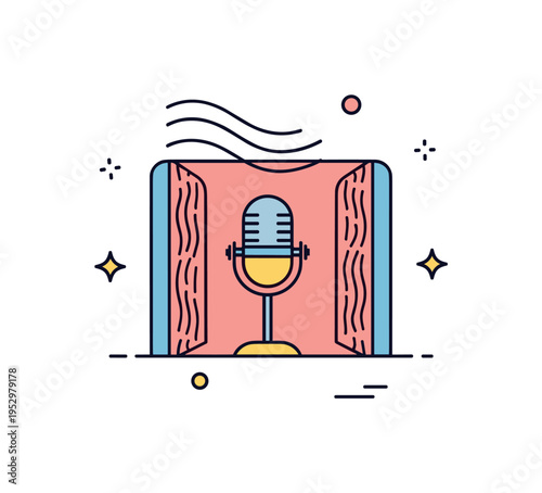 Classic vocal booth simple microphone inside a small acoustic panel frame with soft wave lines, expressing intimate performance and focused recording