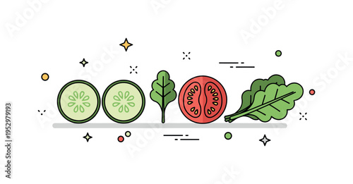 Fresh salad ingredients theme built around sliced cucumber, tomato, and leafy greens arranged neatly, expressing light meals and balanced nutrition. The clean