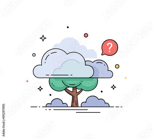 Foggy landscape disorientation scene featuring a lone tree partially hidden by smooth translucent cloud shapes and a small question mark accent, expressing