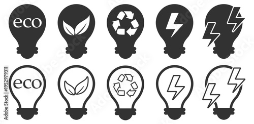Eco light bulb icon set, energy and electricity symbols with leaf and recycle signs, solid style, on transparent background