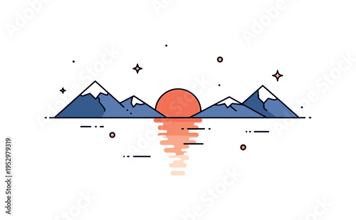 Mountain lake sunset scene with a rounded sun setting between minimal peaks and its reflection forming a soft vertical glow in the water. The composition feels